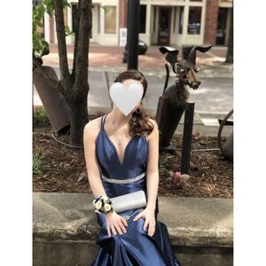 NWT Intrigue by Blush Prom Pageant Formal Mermaid Navy #540 Sz0 Plunge Neckline